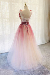 A-Line Burgundy V Neck Tulle Sequin Long Semi Formal Prom Dress Burgundy Evening Dress